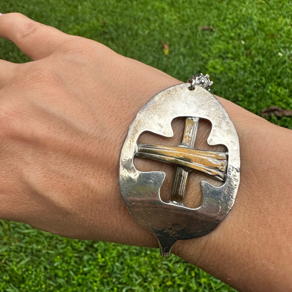 Handcrafted Sterling Silver Spoon Bracelet with Cross – Unique Statement Piece